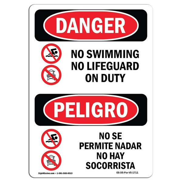 Safety Sign, OSHA Danger, 5" Height, No Swimming No Lifeguard On Duty Spanish, 10PK
